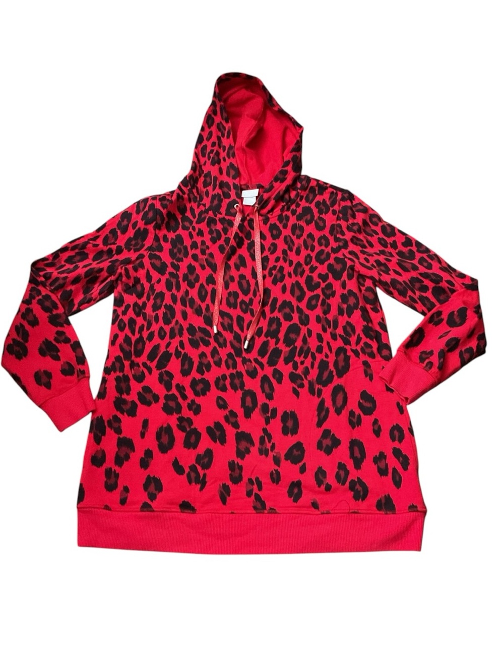 Chico's Red and Black Leopard-Print Hooded Pullover